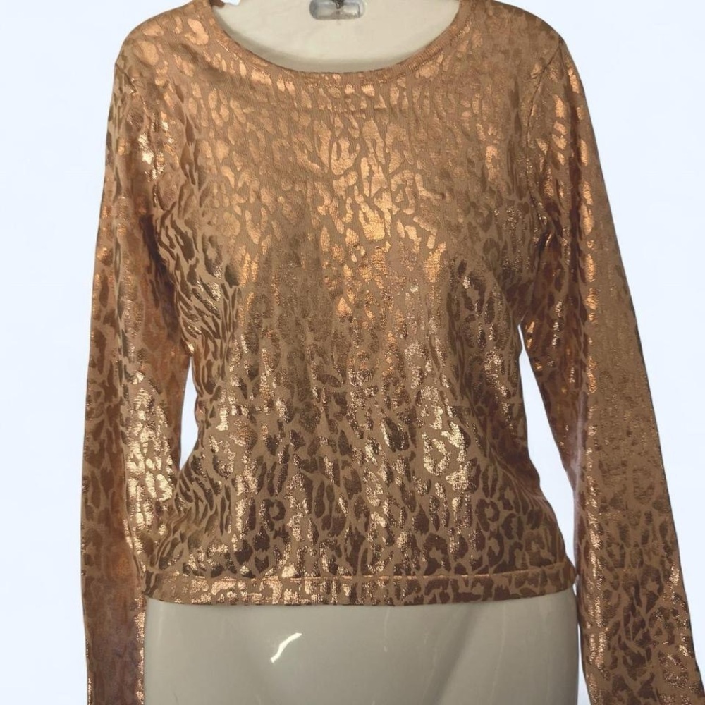 Jennifer López Rose Gold metallic leopard print long sleeve top Size M #glamour